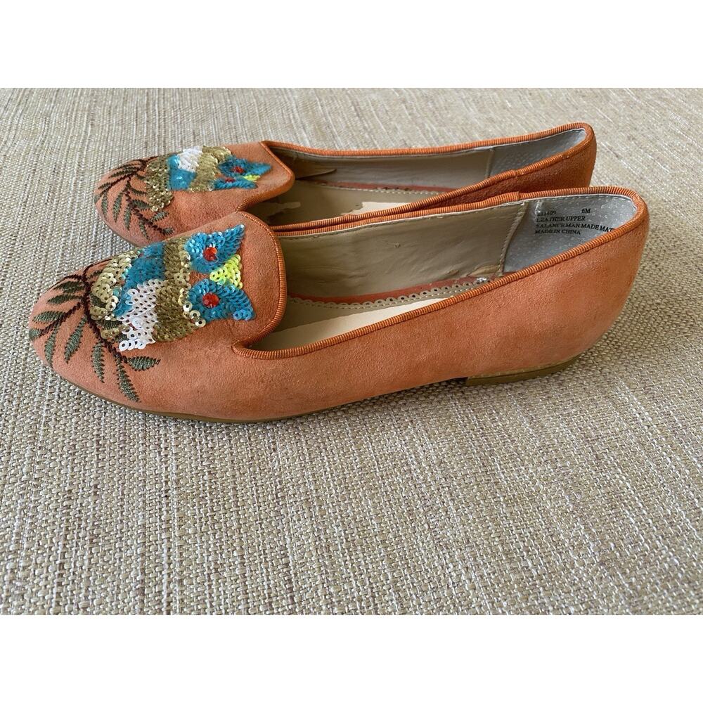 RARA AVIS by IRIS APFEL Orange OWL LOAFERS Sequin Flat Shoes 6M